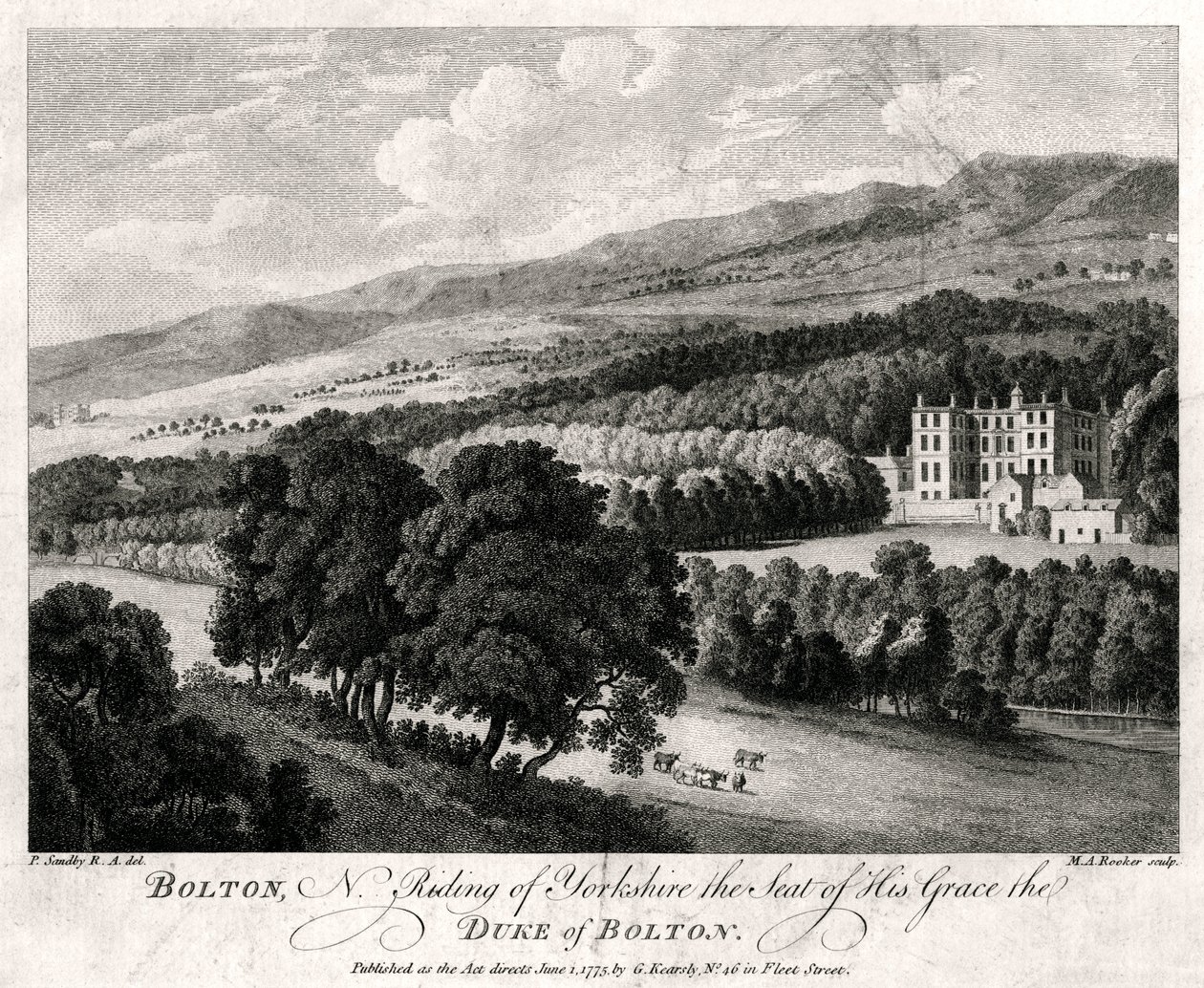 Bolton, Yorkshiren pohjoisratsastus Hänen armonsa Boltonin herttuan istuin, 1775 tekijältä Michael Angelo Rooker