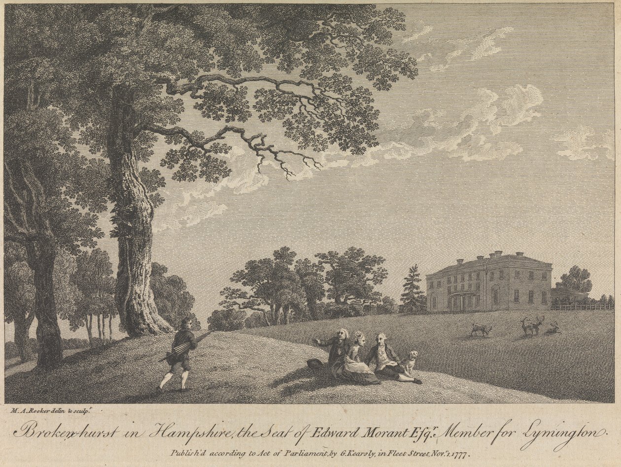 Broken-hurst in Hampshire, The Seat of Edward Morant, Esquire, Lymingtonin jäsen (julkaisija G. Kearsly); sivu 43 (Nide 1) tekijältä Michael Angelo Rooker