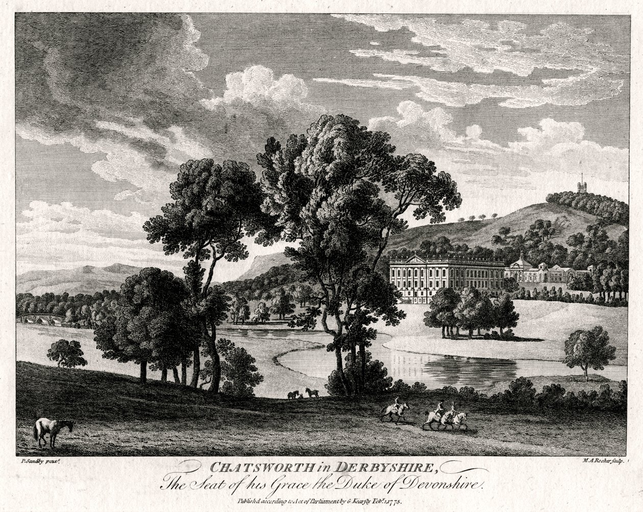 Chatsworth Derbyshiressä, hänen armonsa Devonshiren herttuan kotipaikka, 1775 tekijältä Michael Angelo Rooker