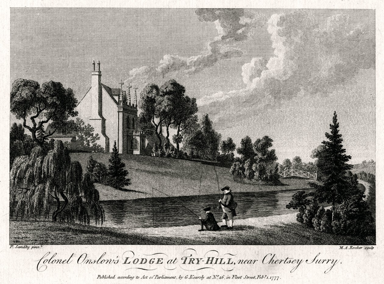 Eversti Onslows Lodge Try-Hillissä, lähellä Chertseyta, Surryssa, 1777 tekijältä Michael Angelo Rooker