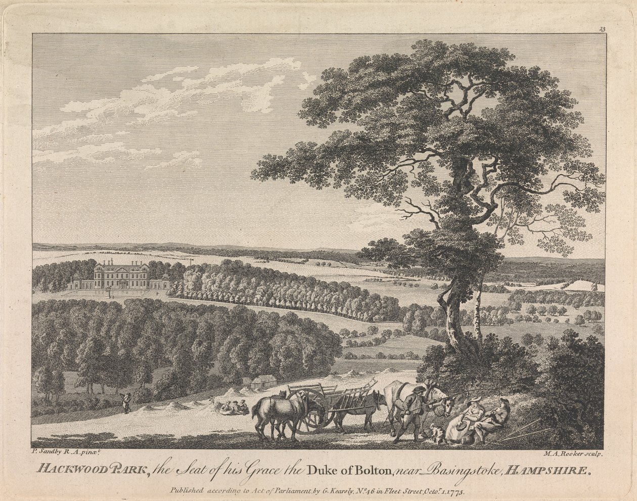 Hackwood Park, Sediul Grației Sale Ducele de Bolton lângă Basingstoke, Hampshire (publicat de G. Kearsly); pagina 19 (Volumul doi) finlandez tekijältä Michael Angelo Rooker