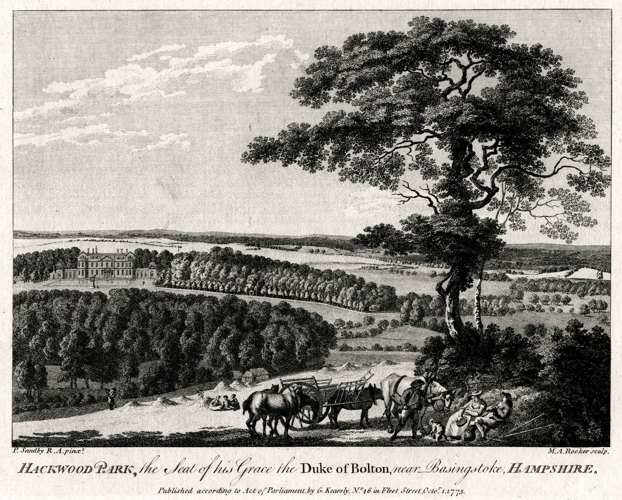 Hackwood Park, hänen armonsa Boltonin herttuan kotipaikka, lähellä Basingstokea, Hampshire, 1775. tekijältä Michael Angelo Rooker