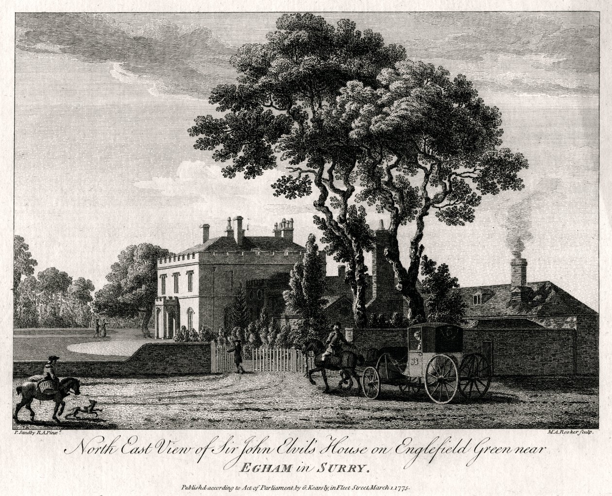 Koillisnäkymä Sir John Elvils Housesta Englefield Greenissä lähellä Eghamia Surryssa, 1775 tekijältä Michael Angelo Rooker