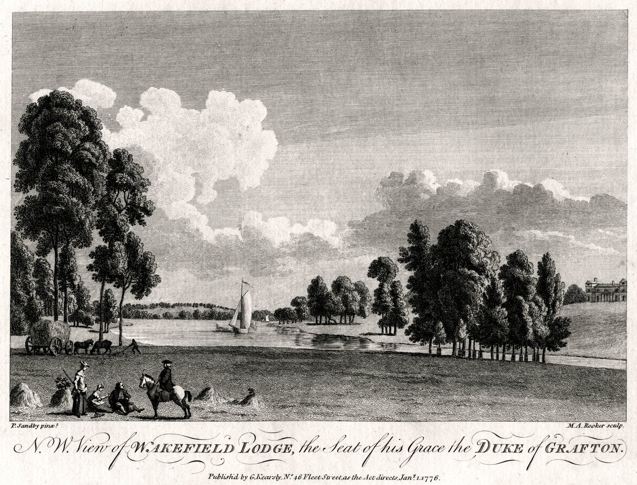 Luoteisnäkymä Wakefield Lodgesta, hänen armonsa Graftonin herttuan istuimesta, 1776 tekijältä Michael Angelo Rooker