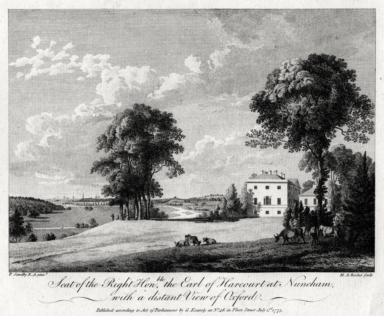Oikean kunnianarvoisan Earl of Harcourtin istuin Nunehamissa, josta on kaukainen näkymä Oxfordiin, 1775. tekijältä Michael Angelo Rooker