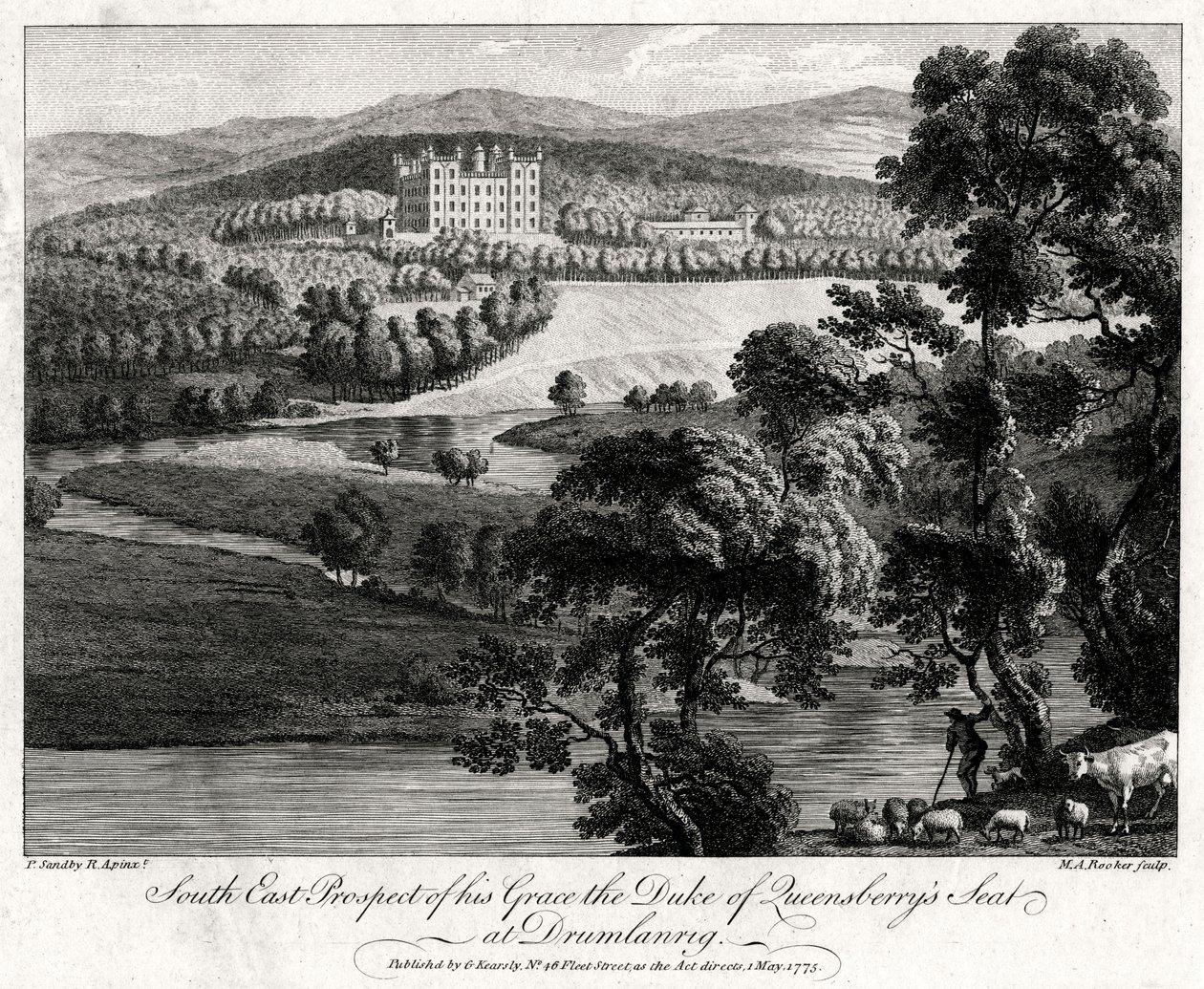 Kaakkoisnäkymä hänen Grace, Queensberrysin herttuan istuimelle Drumlanrigissa, Skotlannissa, 1775 tekijältä Michael Angelo Rooker