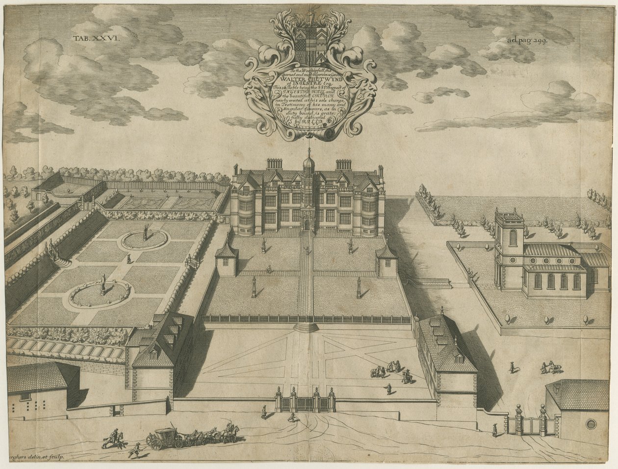 Ingestre Hall: kuparilevykaiverrus, nd [1653-1686] (painettu) tekijältä Michael Burghers