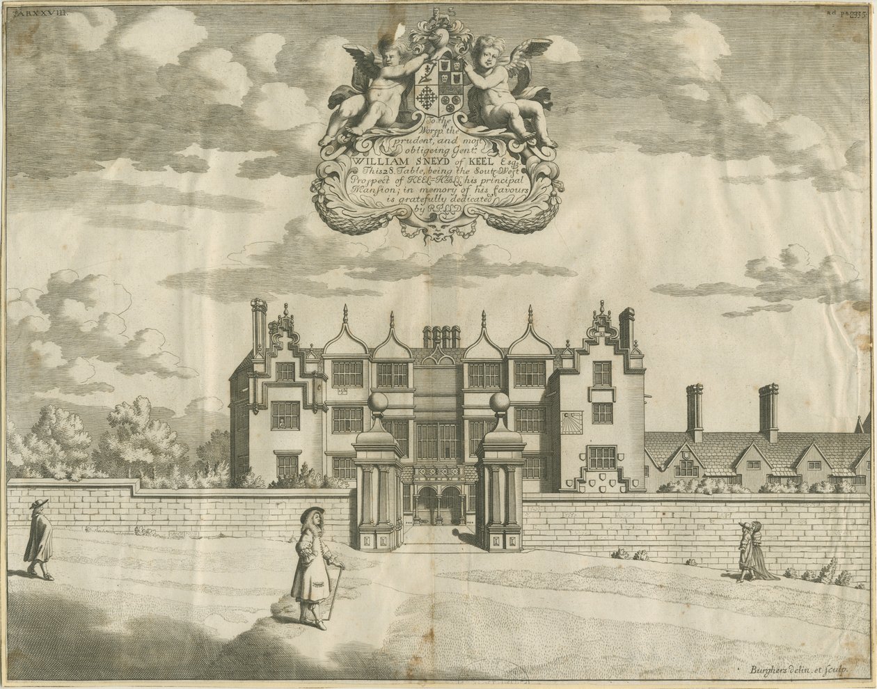 Keele Hall: kuparilevykaiverrus, nd [1653-1686] tekijältä Michael Burghers