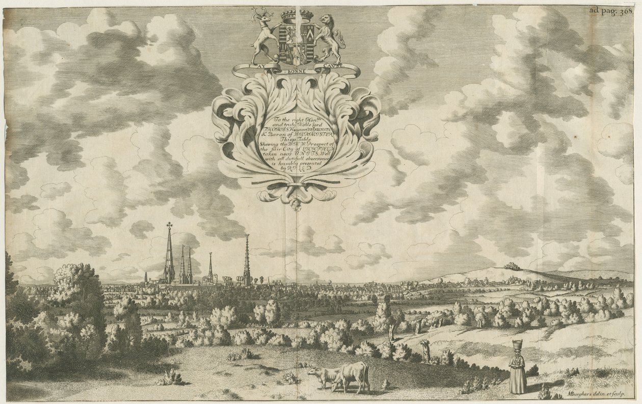 Lichfield - West North West Prospect: kuparilevykaiverrus, nd [1653 - 1686] tekijältä Michael Burghers