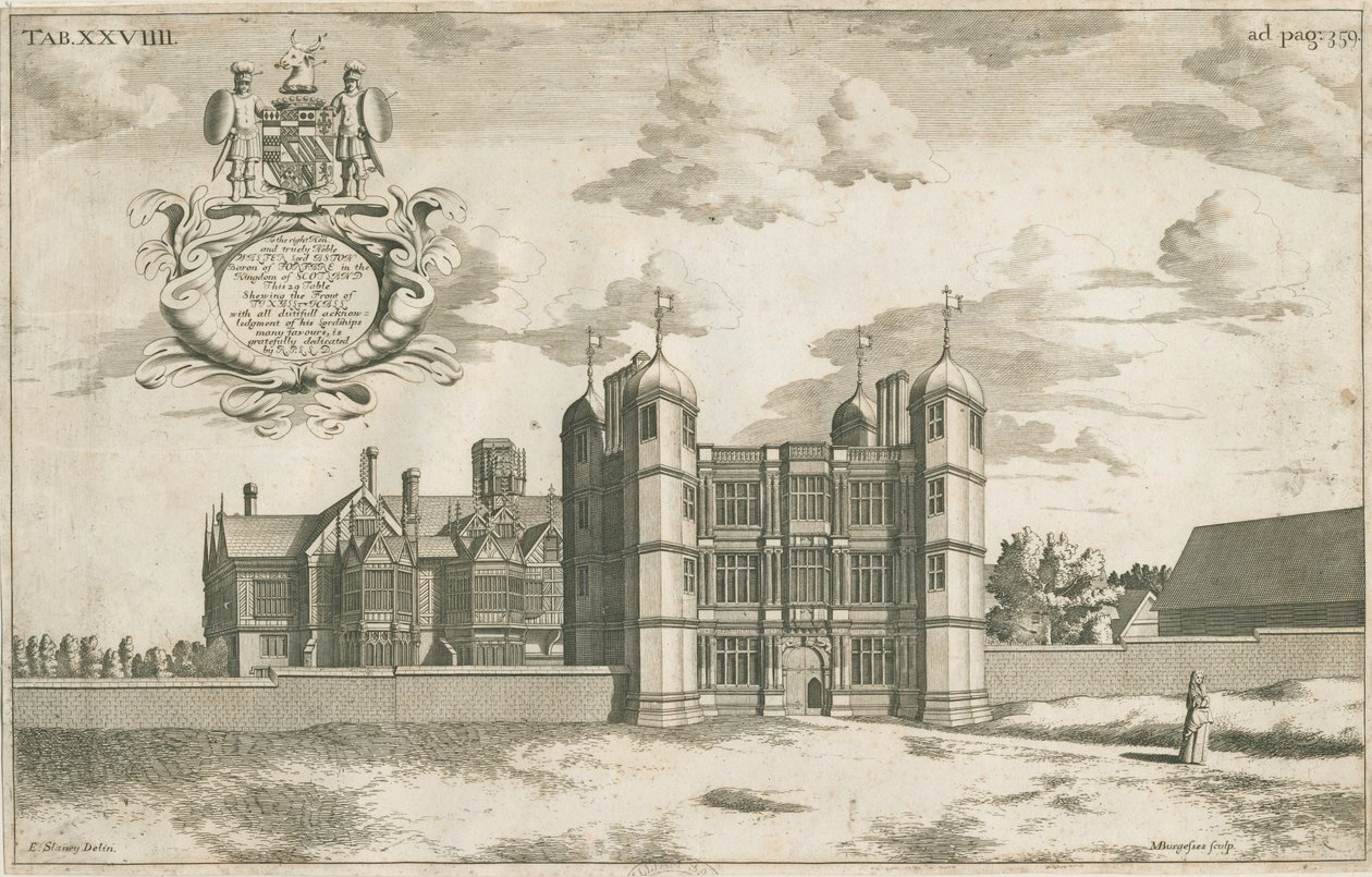 Tixall Hall ja Gatehouse: kuparilevykaiverrus, nd [1686] (painettu) tekijältä Michael Burghers