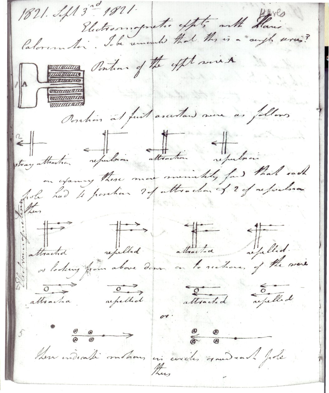 Sivu 72 Faradayn muistikirjasta, "Rotation of Current Experiment", 3. syyskuuta 1821 tekijältä Michael Faraday