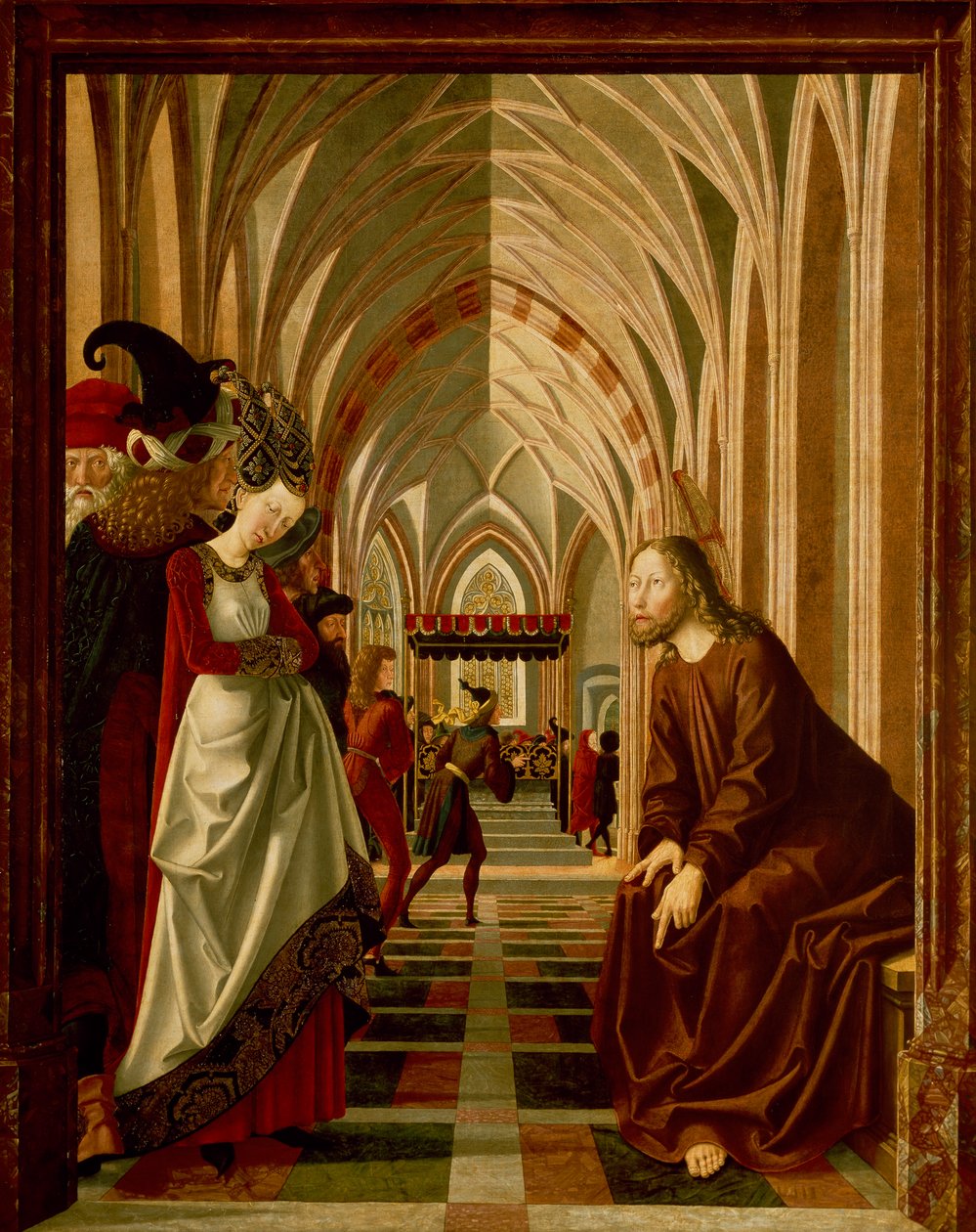 Kristus ja avionrikkoja, paneeli tarinasta Kristuksen, St Wolfgang Altarpiece tekijältä Michael Pacher