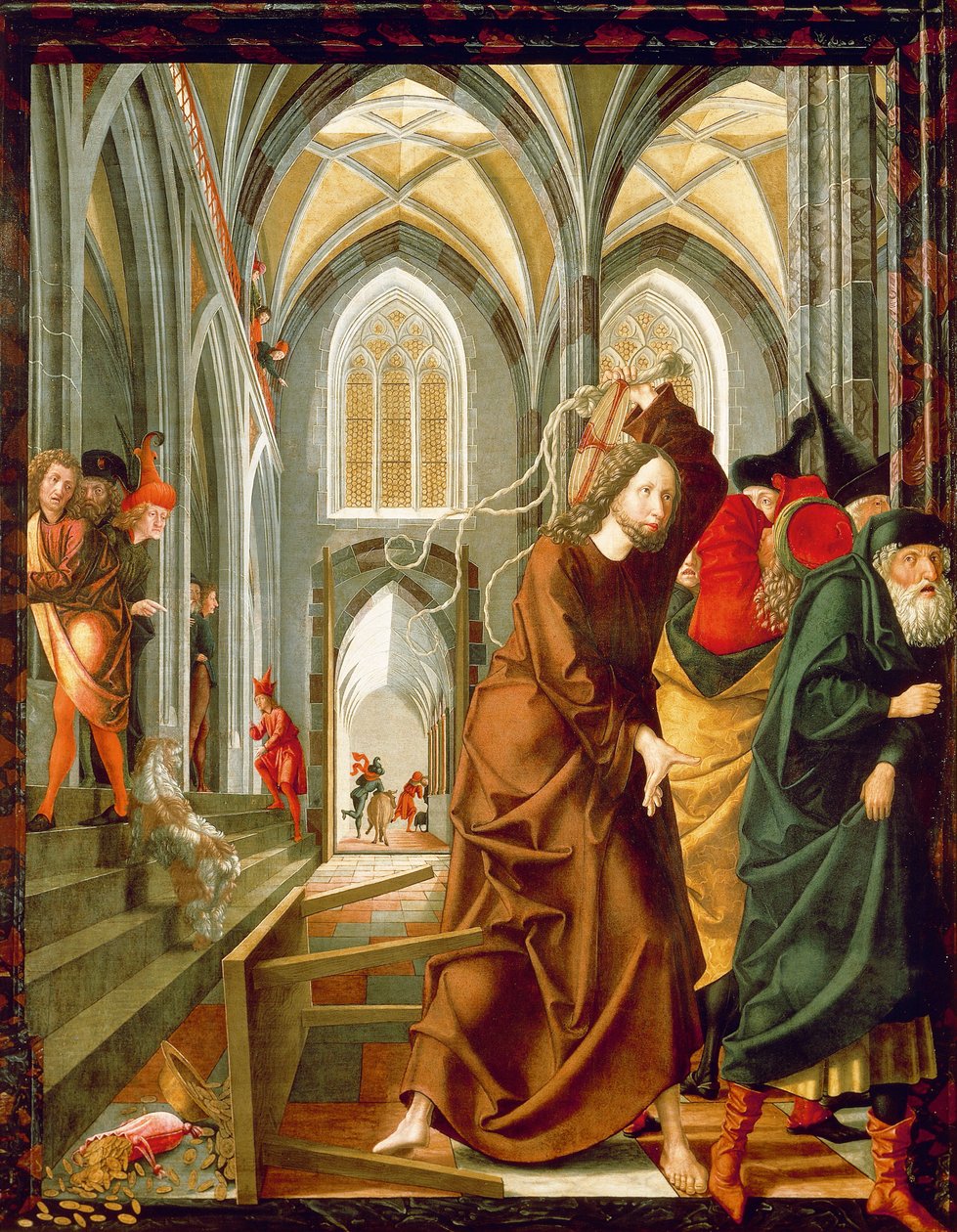 Kristus ajaa kauppiaat temppelistä, Stories of Christin paneeli, St Wolfgang Altarpiece tekijältä Michael Pacher