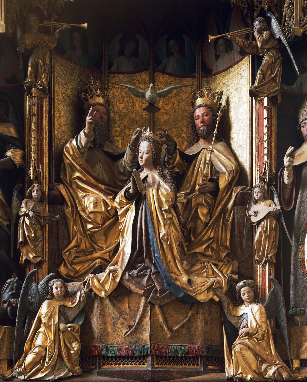 Neitsytalttarin kruunaus, noin 1470-1480, Michael Pacher (kuoli 1498), veistetty puu, vanha Griesin seurakuntakirkko, San Quirino, Bolzano, Trentino-Alto Adige, Italia tekijältä Michael Pacher