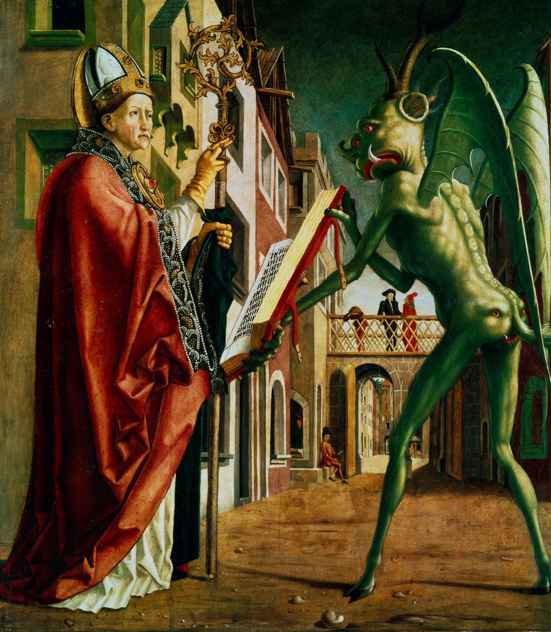 "Paholainen esittelee St Augustinuksen paheiden kirjan kanssa", n. 1455-1498. tekijältä Michael Pacher