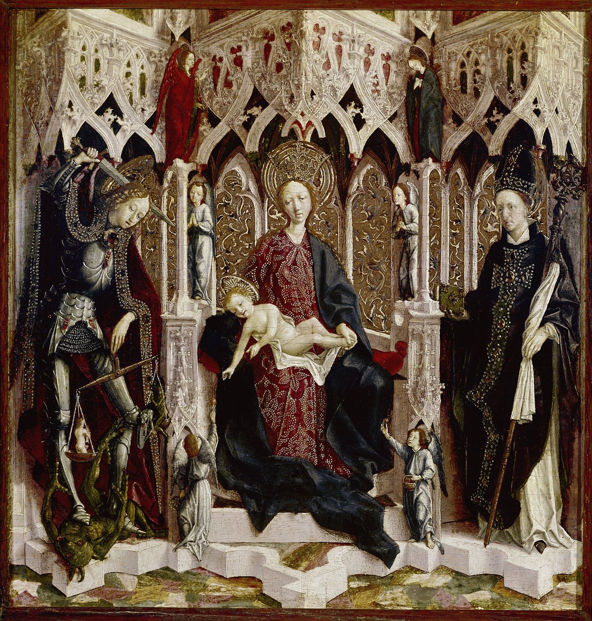 Virgin Enthroned with Child, Angels and Saints. (öljy metallille tekijältä Michael Pacher