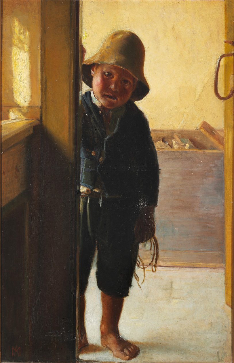 Kalastajan poika katsoo oviaukosta. tekijältä Michael Peter Ancher