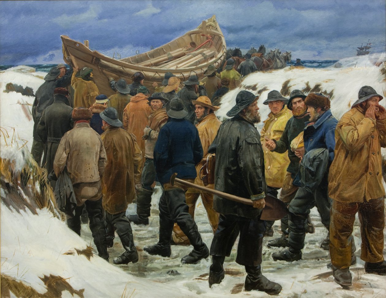 Pelastusvene kuljetetaan dyynien läpi tekijältä Michael Peter Ancher