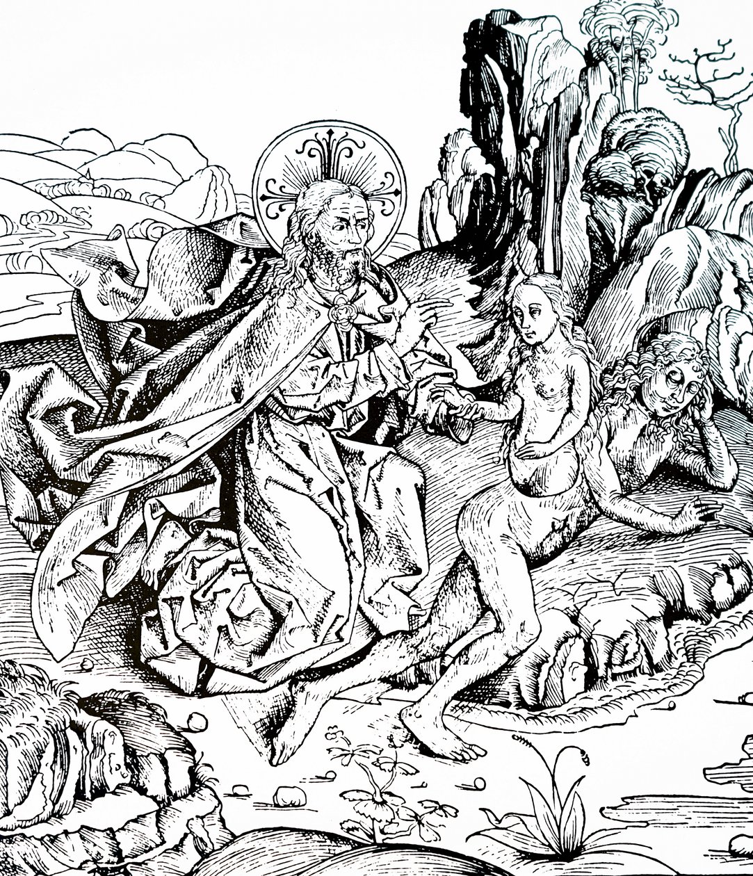 Aatamin ja Eevan luominen Nürnbergin kronikasta tekijältä Michael & Pleydenwurff W. (d.1494) Wolgemuth