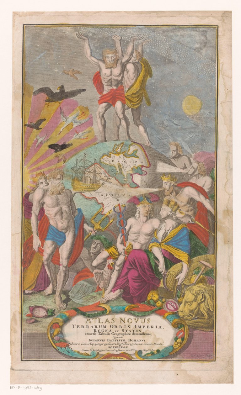 Atlas en Hercules dragen sternerhemel Sivun nimi: Johann Baptista Homann, Atlas Novus Terrarum Orbis Imperia, Regna et Status Exacte Tabulis Geographicè Demonstrants, 1729 tekijältä Michael Rössler