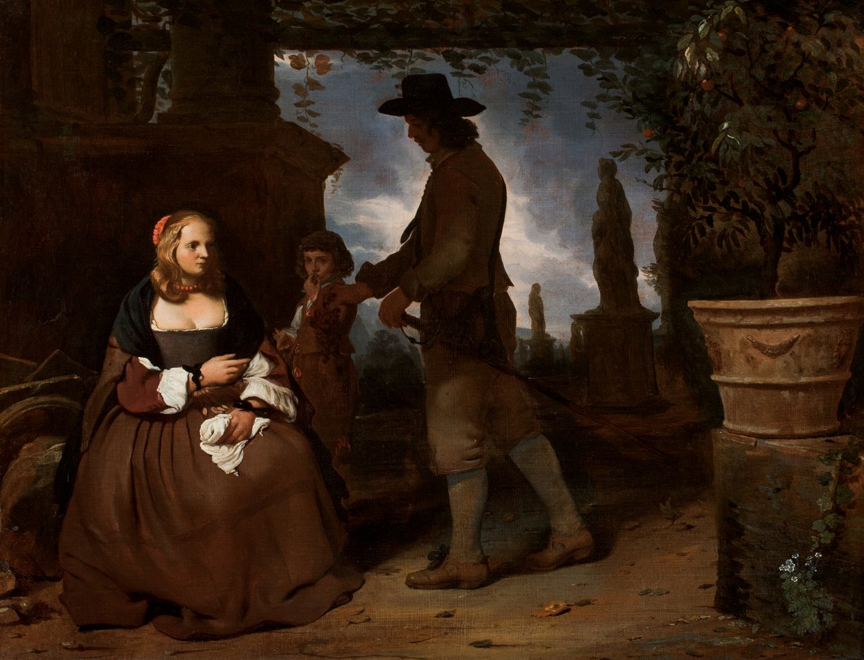 Nuori pariskunta ja poika puutarhassa, n. 1650 (öljy kankaalle). tekijältä Michael Sweerts