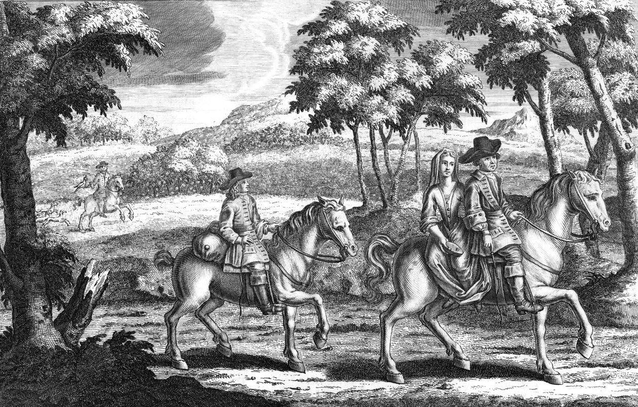"King Charles the 2nd in Disguise ratsastaa ennen rouva Lanea...", 1700-luvun alku tekijältä Michael Vandergucht