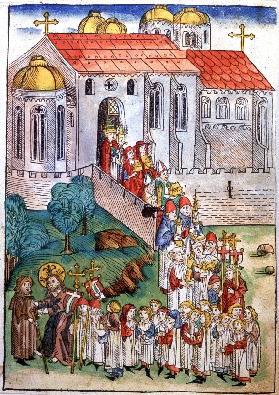 Pyhiinvaellus Saint James of Compostellessa, kaiverrus, 1400-luvun loppu tekijältä Michael Wohlgemuth