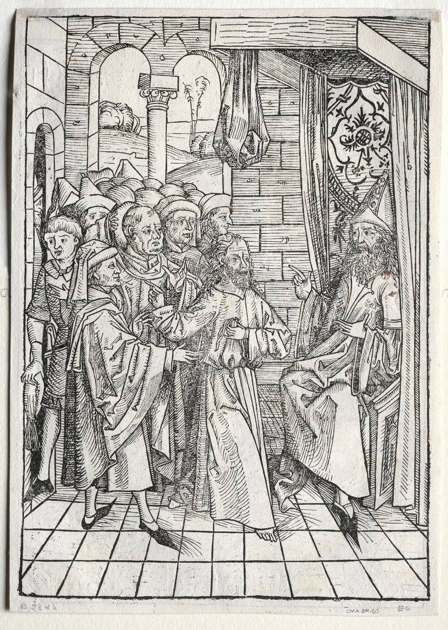 Aarteenvartija: Kristus ennen Kaifaa versoa, 1491. tekijältä Michael Wolgemut