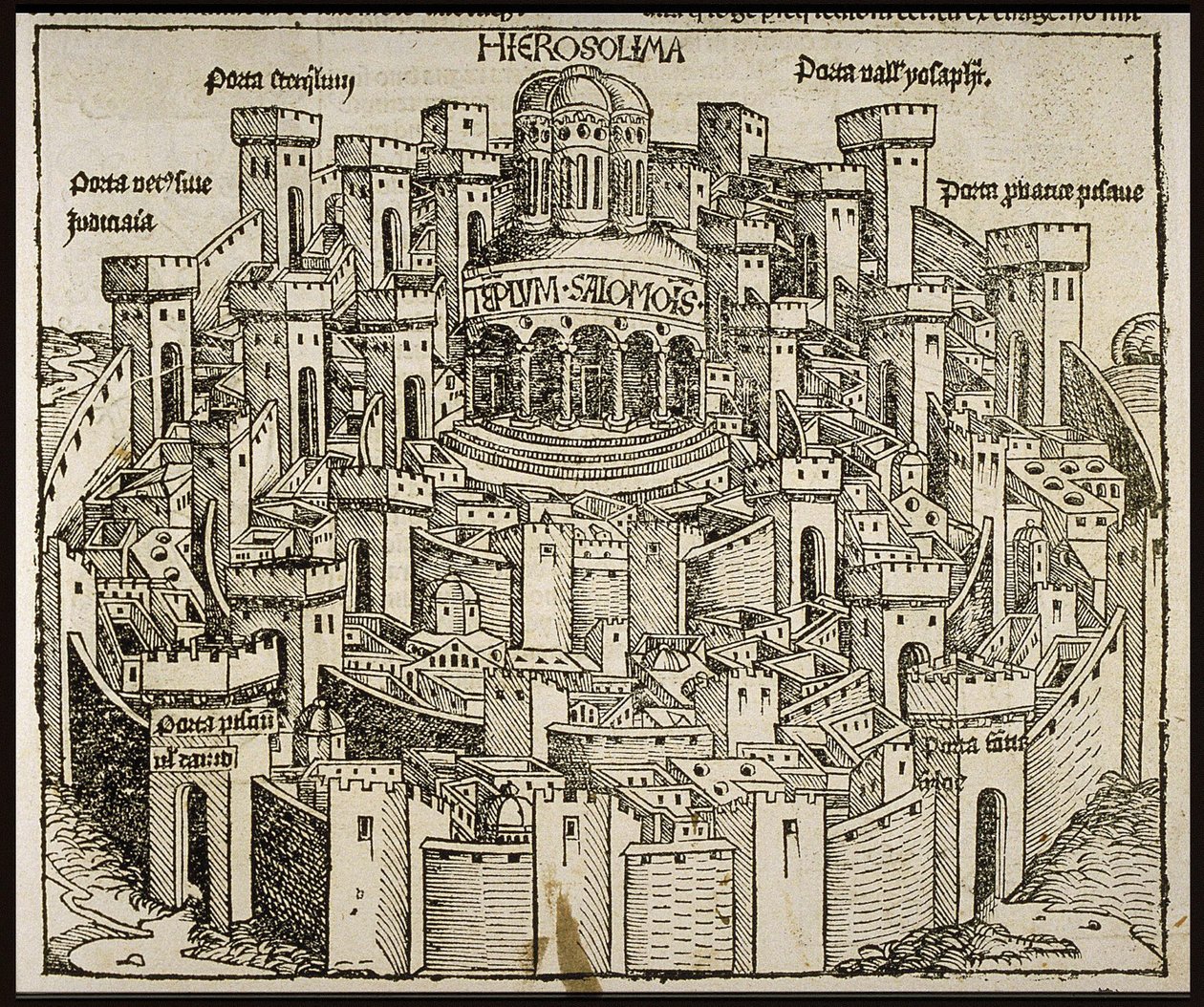 Jerusalem Schedels Chronicle of the World -kirjasta, noin 1493. tekijältä Michael Wolgemut