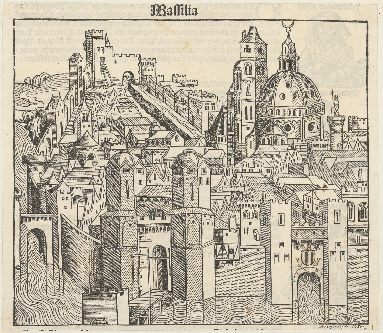 Phantasieansicht der Stadt Marseille [recto], drei Porträts (Phereades, Pythagoras und Sappho) [verso] tekijältä Michael Wolgemut