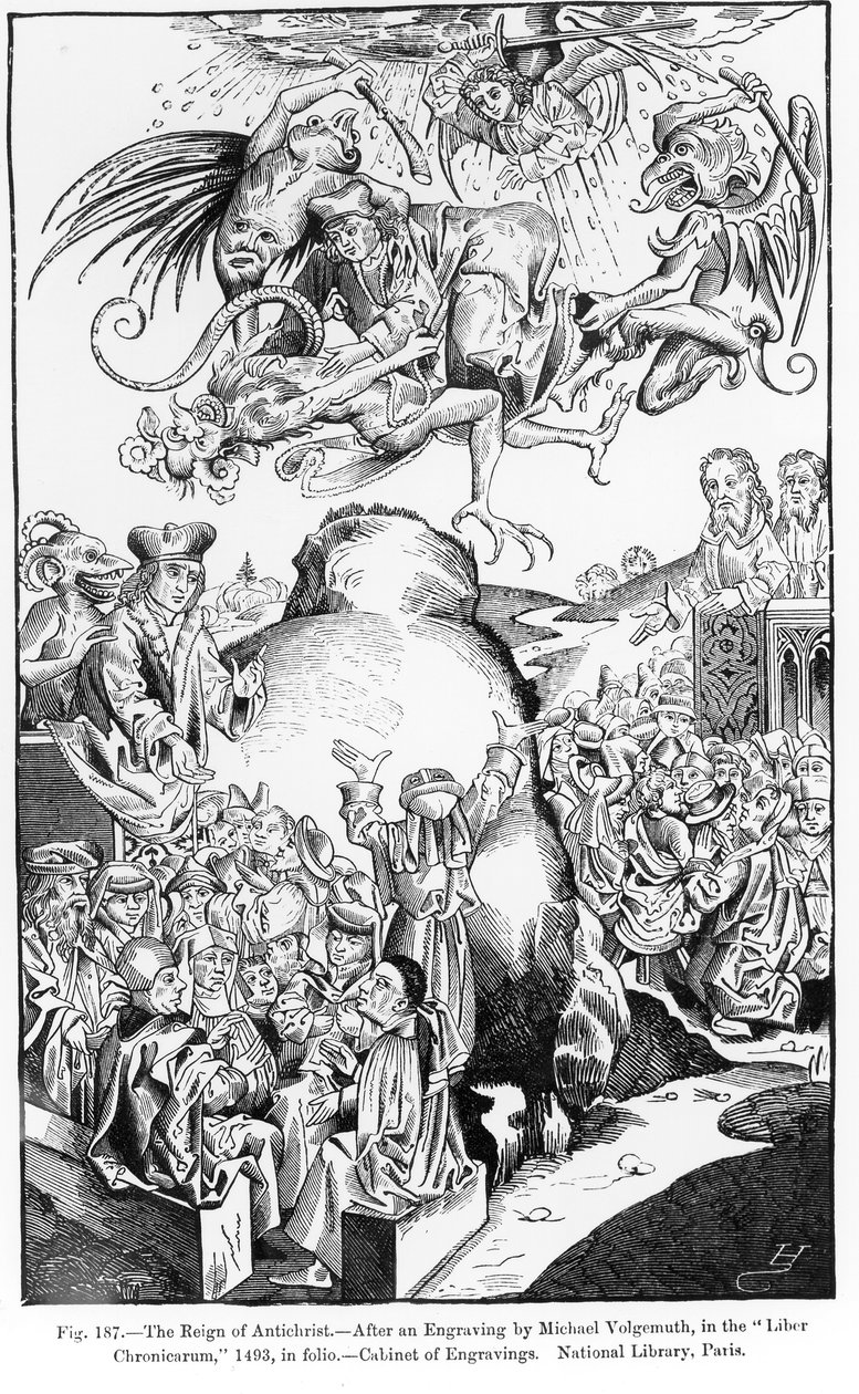 The Reign of Antikristus, Liber Chronicarum, julkaistu vuonna 1493, kuvitus julkaisusta Tiede ja kirjallisuus keskiajalla ja renessanssilla, kirjoittanut ja kaivertanut Paul Lacroix, 1878 (kaiverrus tekijältä Michael Wolgemut