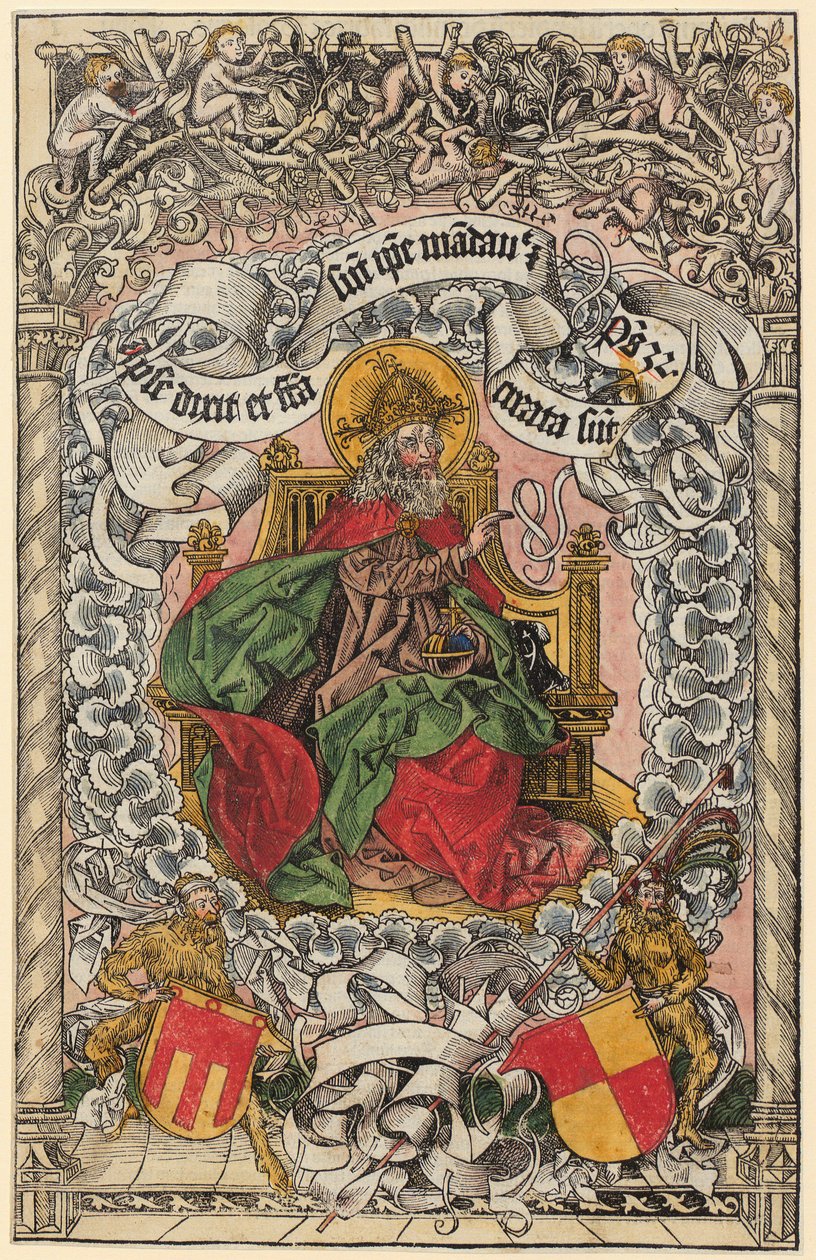 Titelholzschnitt mit Gottvater auf dem himmlischen Thron, die Hand segnend erhoben tekijältä Michael Wolgemut