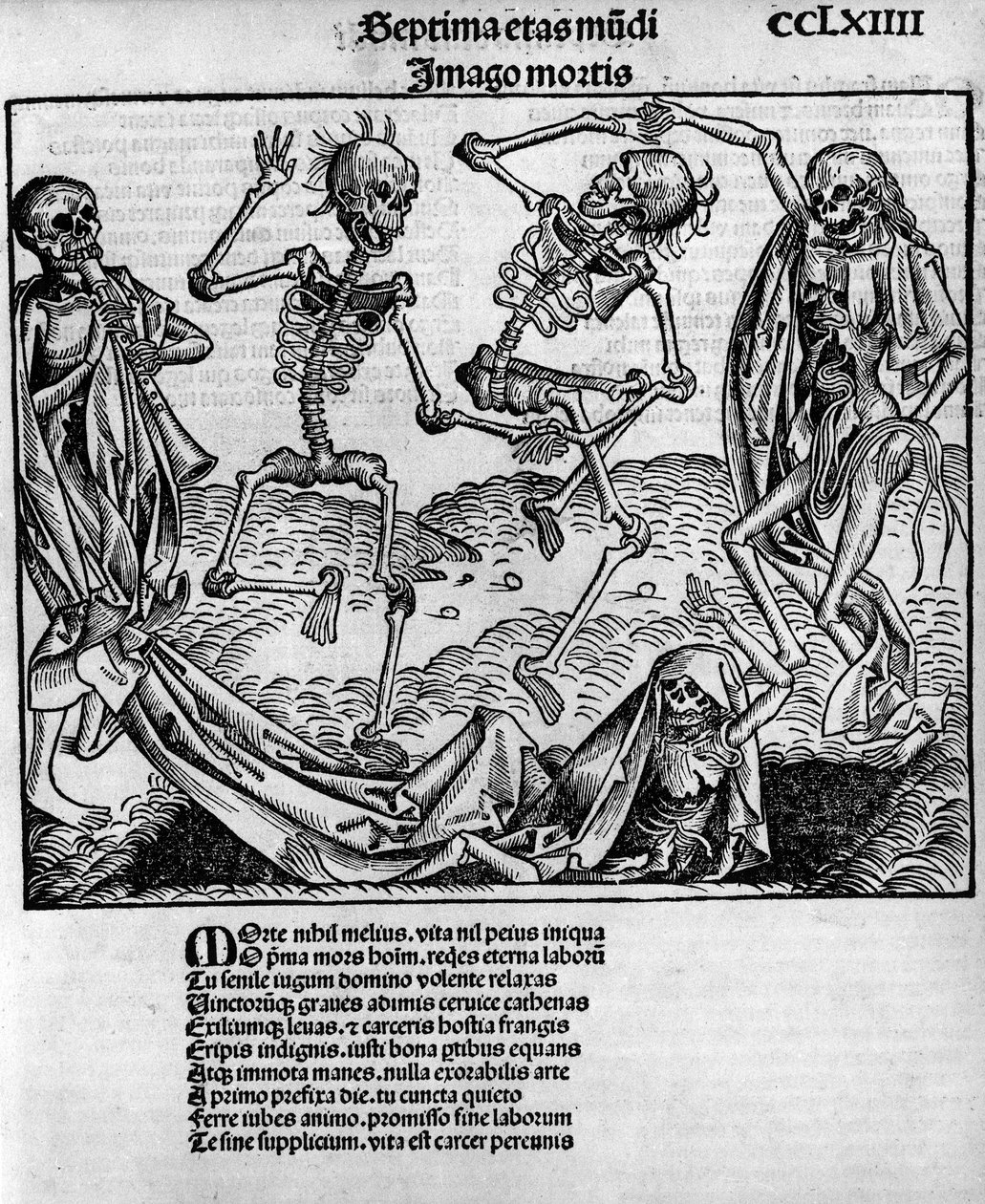 Macabre tanssikohtaus, luurankoineen, Hartmann Schedelin (1440-1514) "" Nürnbergin aikakirjassa"", toimittanut Nürnbergissä Anton Koberger, 12. heinäkuuta tekijältä Michael and Pleydenwurff W. (d.1494) Wolgemuth