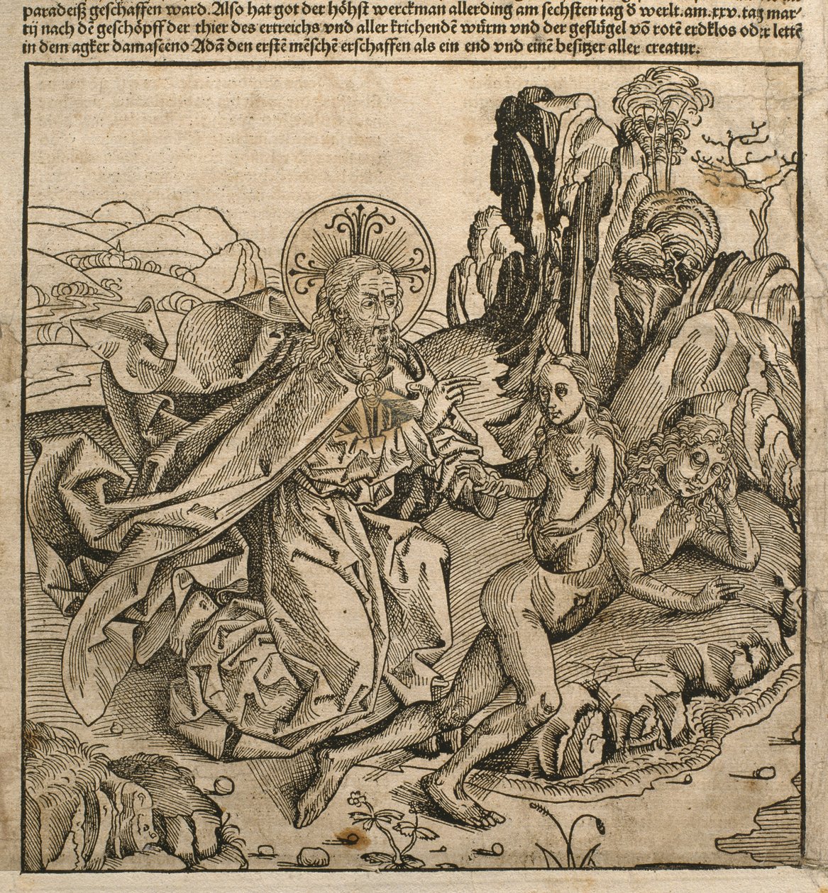 Isä Jumala loi Eevan Aadamin kylkiluusta, kuvitus Hartmann Schedelin (1440-1514) Nürnbergissä 1493 julkaistusta "Liber Chronicarumista" tekijältä Michael and Pleydenwurff, W. Wolgemuth
