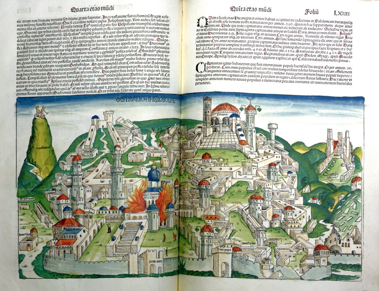 Keisari Tituksen tuhoama kapinallinen Jerusalemin kaupunki Hartmann Schedelin (1440-1514) Nürnbergin kronikasta, joka painettiin vuonna 1493. tekijältä Michael and Pleydenwurff, W. Wolgemuth