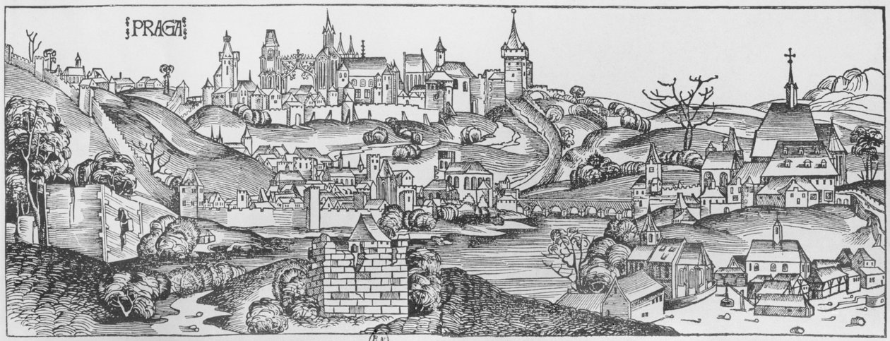 Näkymä Prahasta, kuvitus Hartmann Schedelin (1440-1514) "Liber Chronicarum" -kirjasta, joka julkaistiin Nürnbergissä, 1493 tekijältä Michael and Pleydenwurff, W. Wolgemuth