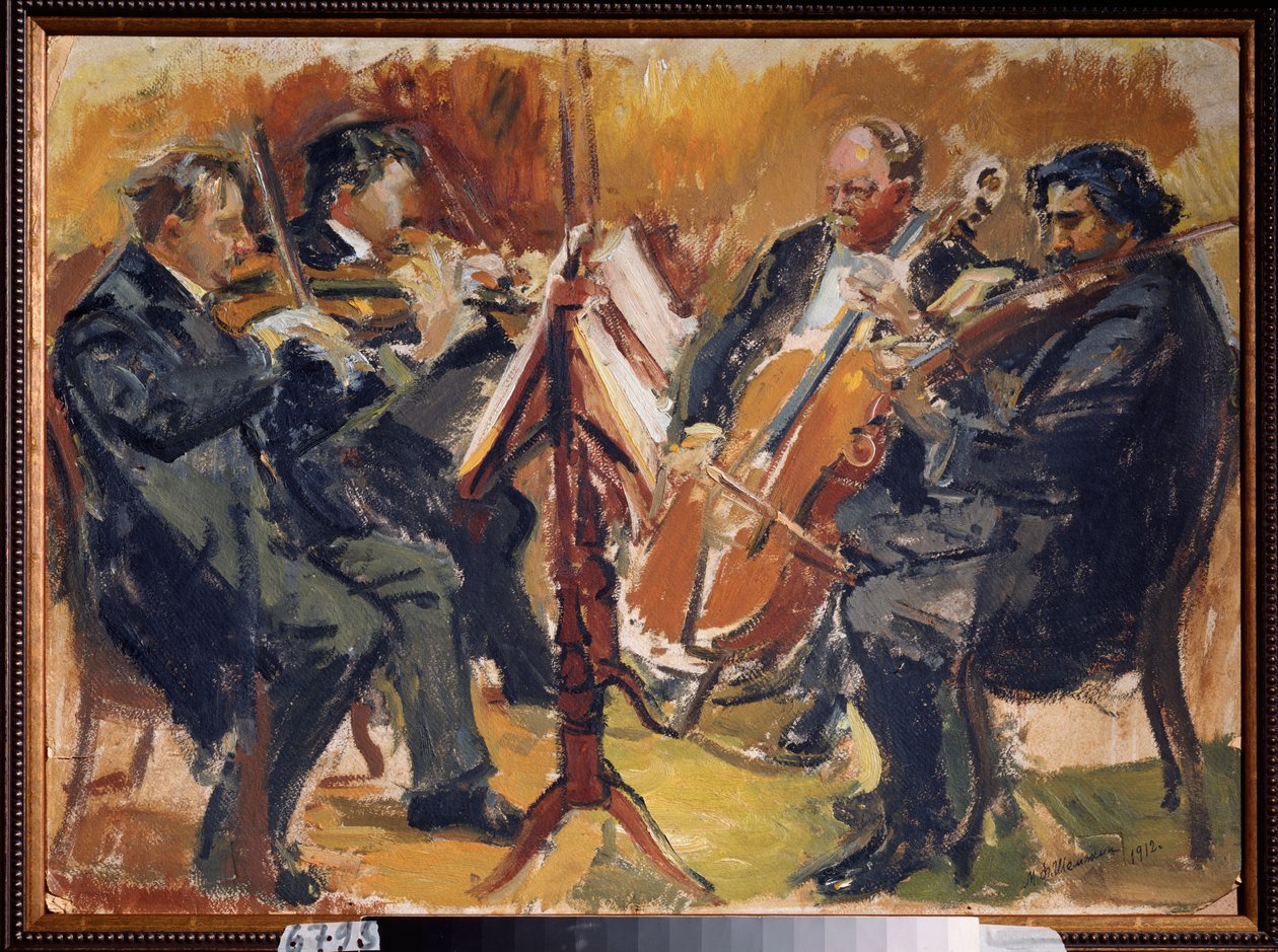 Säveltäjä Sergei Tanejevin tšekkiläinen kvartetti, 1912 (öljy pahville) tekijältä Michail Fyodorovich Shemyakin