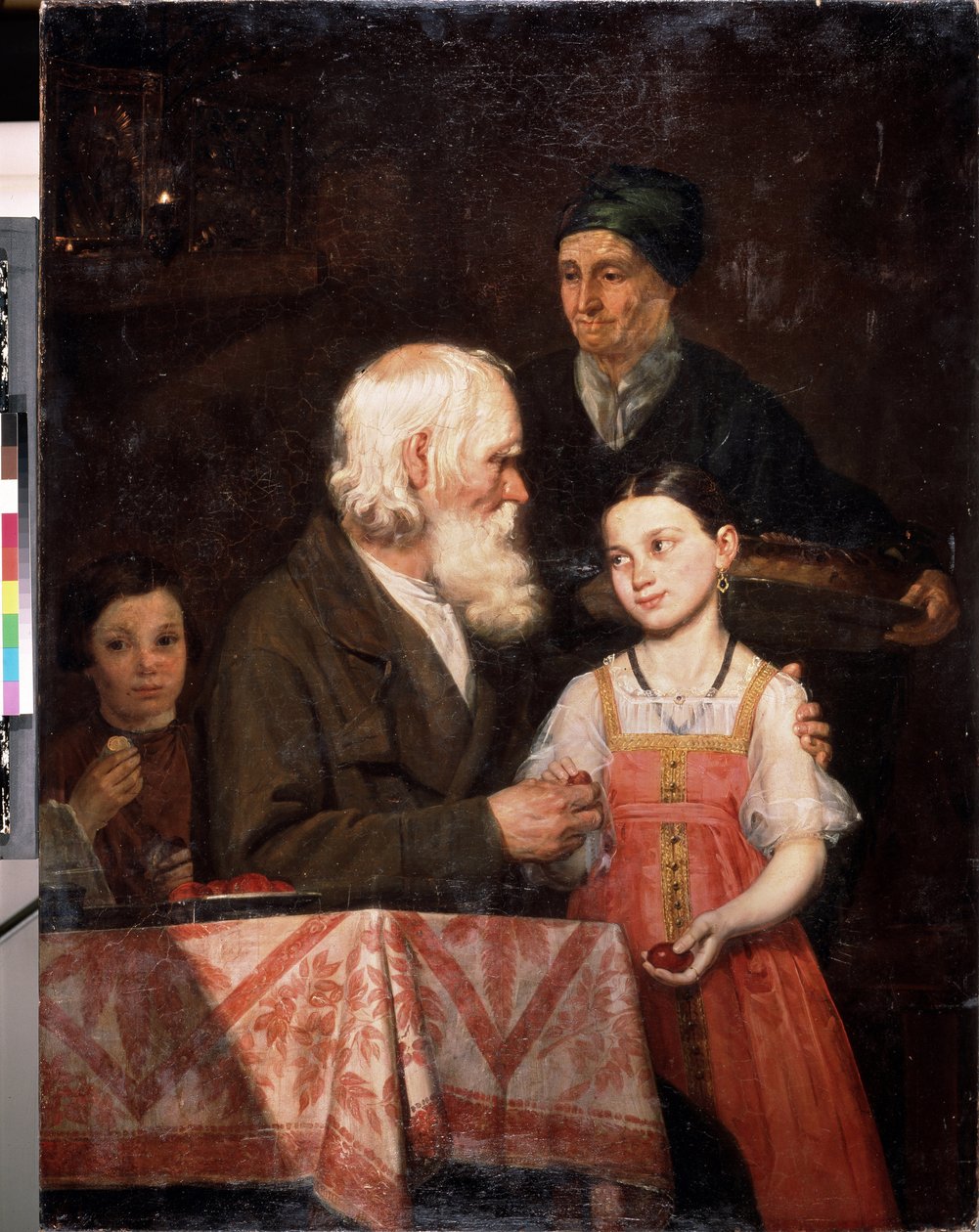 Pääsiäinen. Vanha mies antaa punaiseksi värjättyjä munia tyttärentytärlleen, isoäiti tuo perinteisen pääsiäisbrossin. Michail Andreevich Mokhovin (1819-1903) maalaus öljy kankaalle tekijältä Michail Andreevich Mokhov