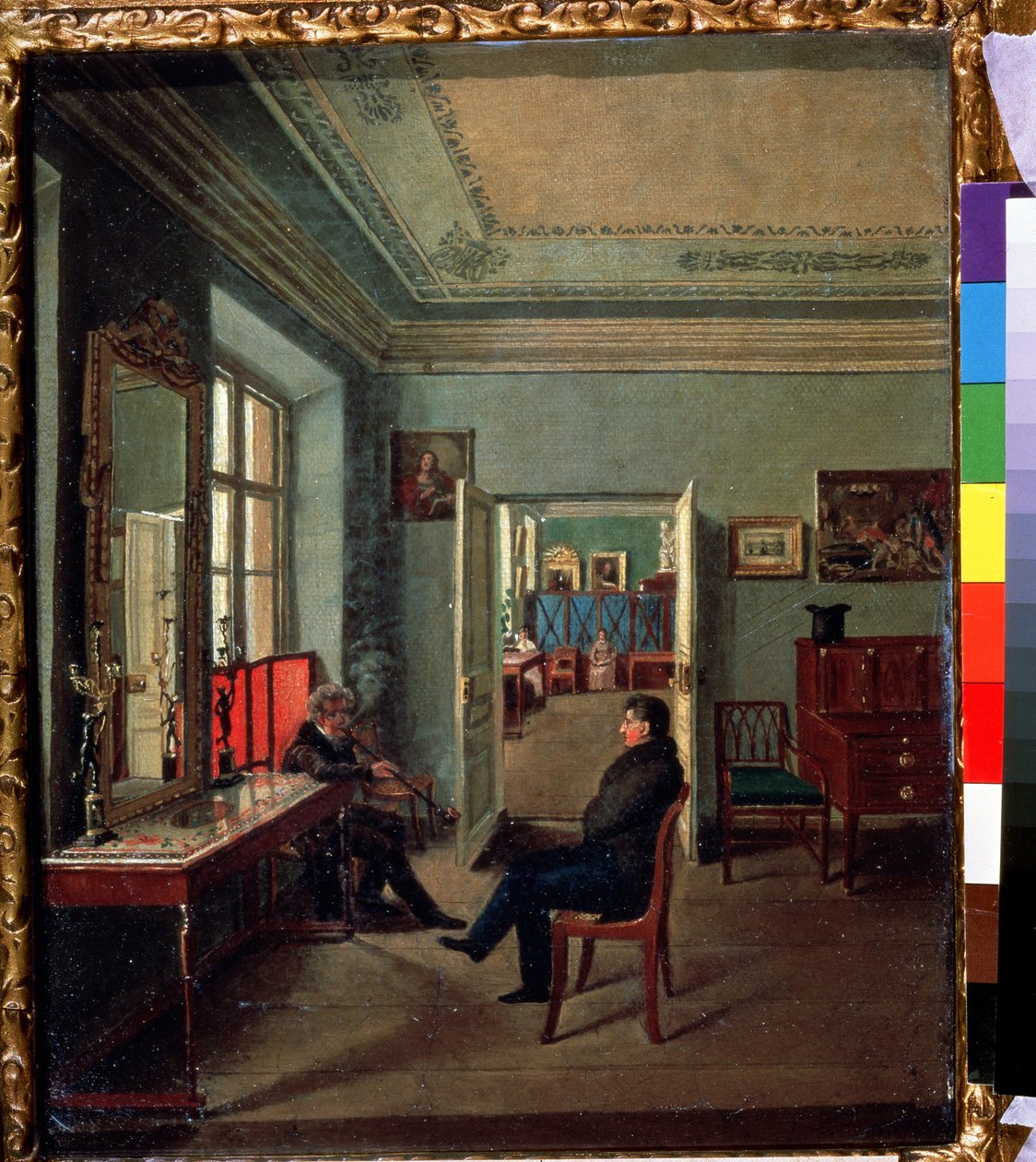 Huoneessa (huoneessa). Kaksi miestä keskustelemassa porvarillisessa sisustuksessa, naiset toisessa huoneessa. Mihail Fjodorovitš Davydovin maalaus (1800-luvun ensimmäinen puolisko). Öljy kankaalle tekijältä Michail Fyodorovich Davydov