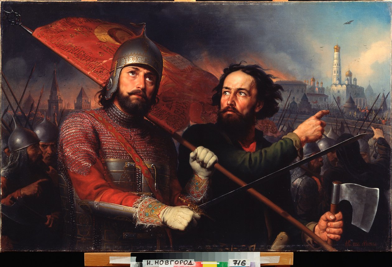 Kuzma (Kuzma tai Kozma) Mininin (kuoli vuonna 1616) ja kreivi Dmitri Pozharskyn (Pozharsky) (1577-1642) kansallinen kapina (Moskovan vapauttaminen Puolan miehityksestä 1612) - Kuzma Mininin ja kreivi Pozharskyn kansallinen kapina - Dmitri Pozharsky Maalaus tekijältä Michail Ivanovich Skotti
