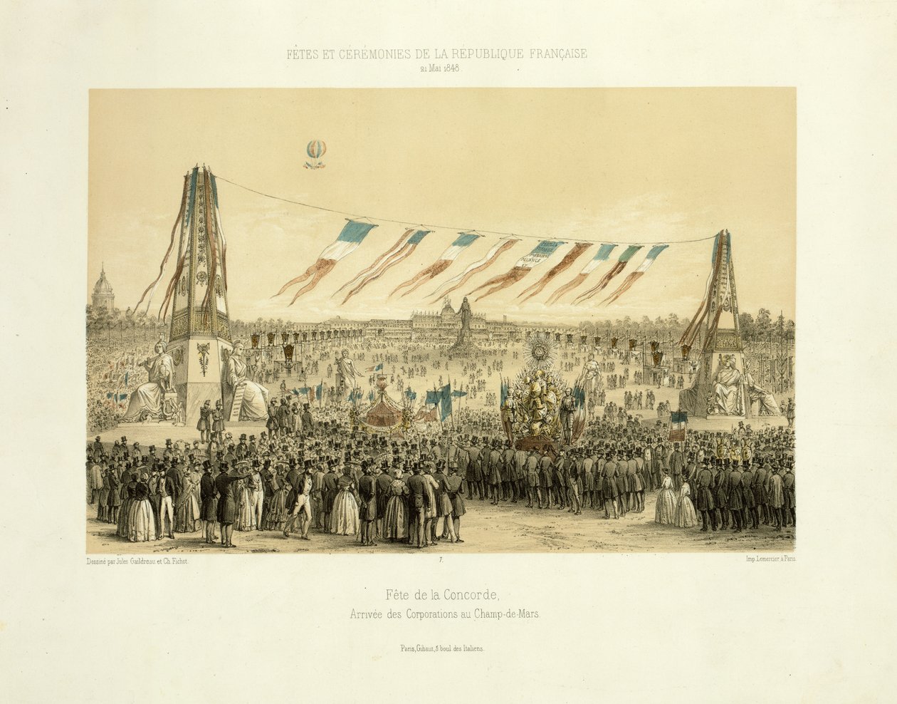 Fête de la Concorde, yritysten saapuminen, Champ-de-Mars, Pariisi, 1848 tekijältä Michel C. and Gaildrau, Jules Fichot