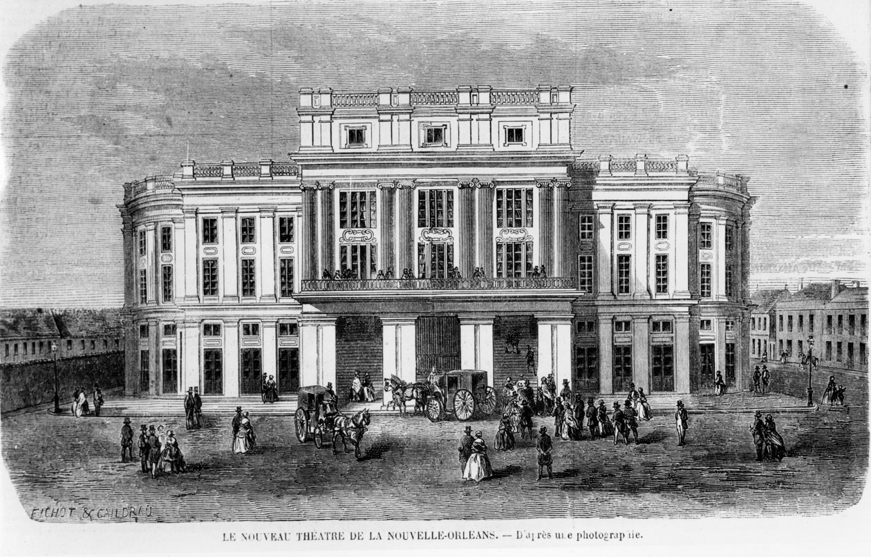 New Orleansin uusi teatteri, kaiverrettu valokuvan mukaan, 1859. tekijältä Michel C. and Gaildrau, Jules Fichot