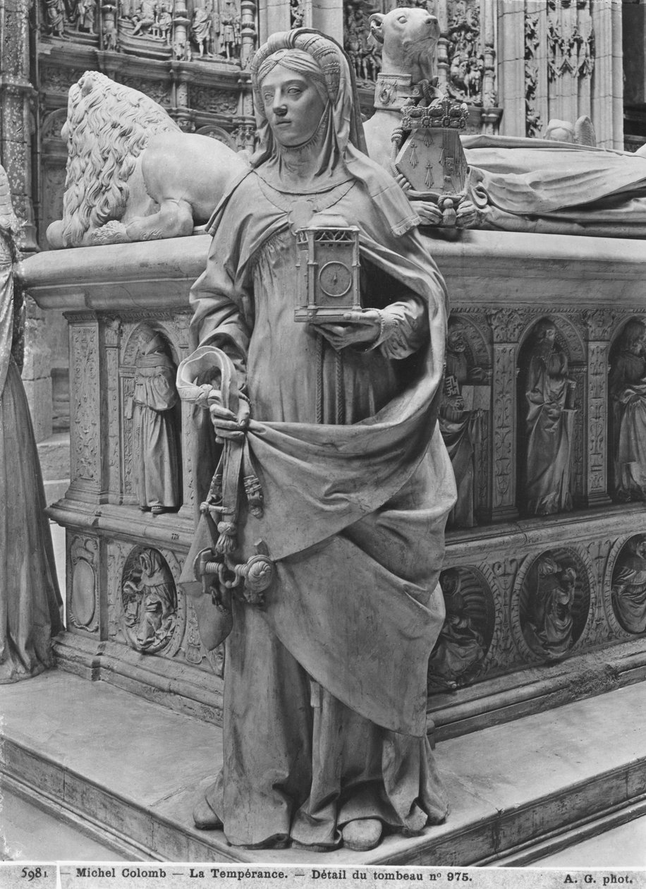 Nantes, Pyhän Pietarin ja Paavalin katedraali, Bretagnen herttua ja Marguerite of Foixin hauta, yksityiskohta Temperancesta, 1502-07 marmorista valettu kipsi bw photo tekijältä Michel Colombe