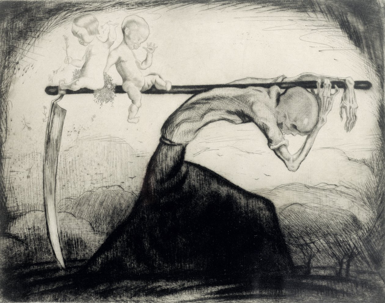 Kuolema ja kaksi lasta viikatteensa päällä, 1915 (etsaus paperille) tekijältä Michel Fingesten