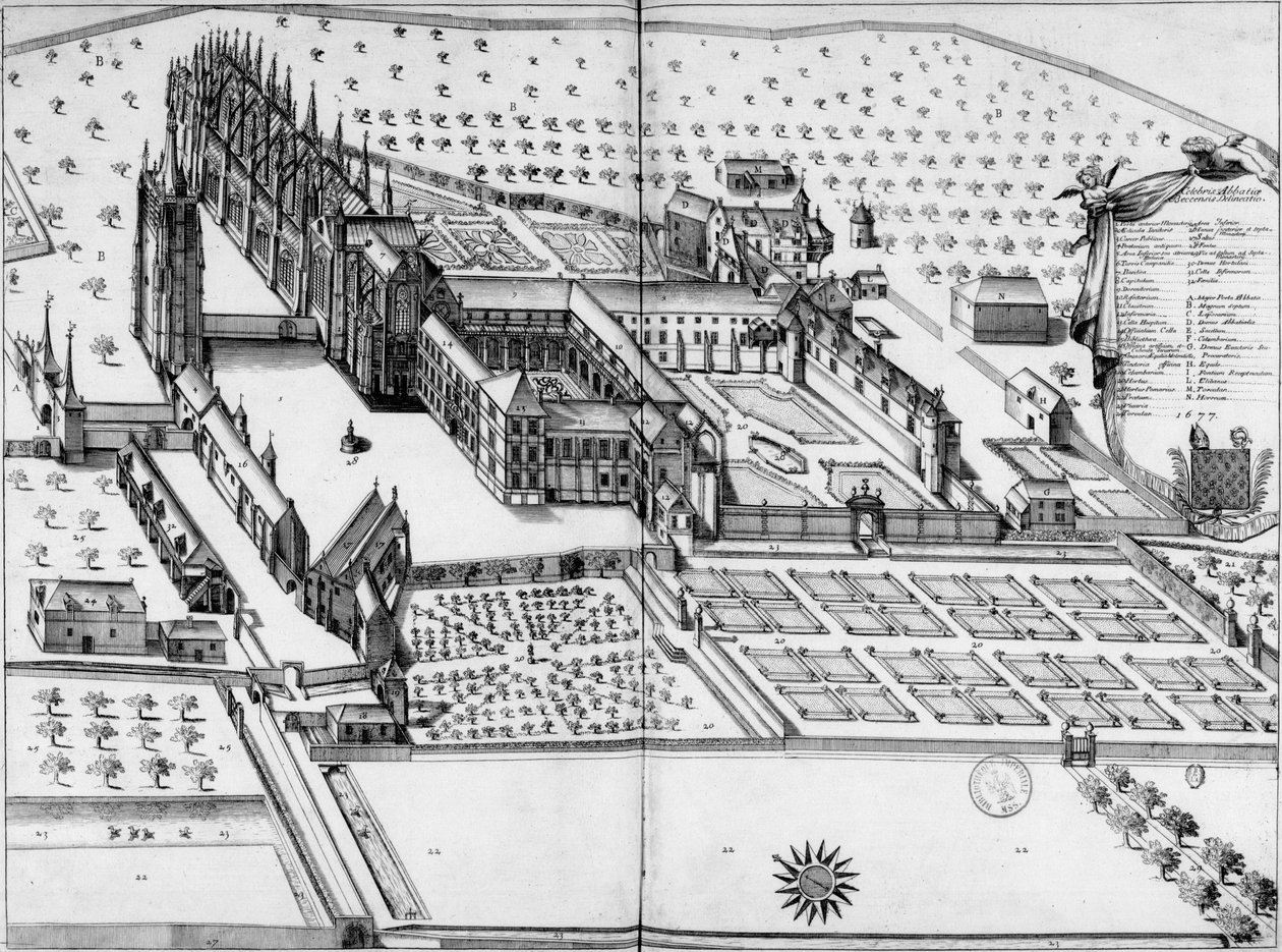 Notre Dame du Becin luostari. Yleiskatsaus vuonna 1677 tekijältä Michel Germain