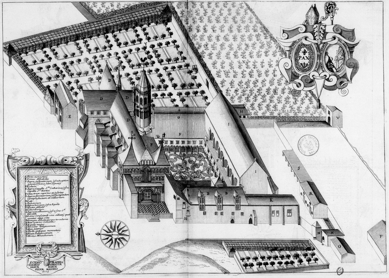 1600-luvun kaiverrettu levy, joka edustaa La Sauve-Majeuren luostaria Ranskassa, kirjasta Monasticon Gallicanum tekijältä Michel Germain