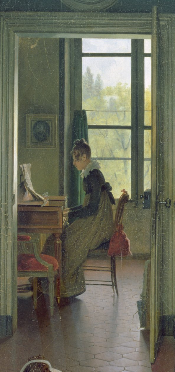 Ruokasalin sisustus, yksityiskohta naisesta, joka soittaa pianoa viereisessä huoneessa, 1816 (yksityiskohta 106942) tekijältä Michel Martin Drolling