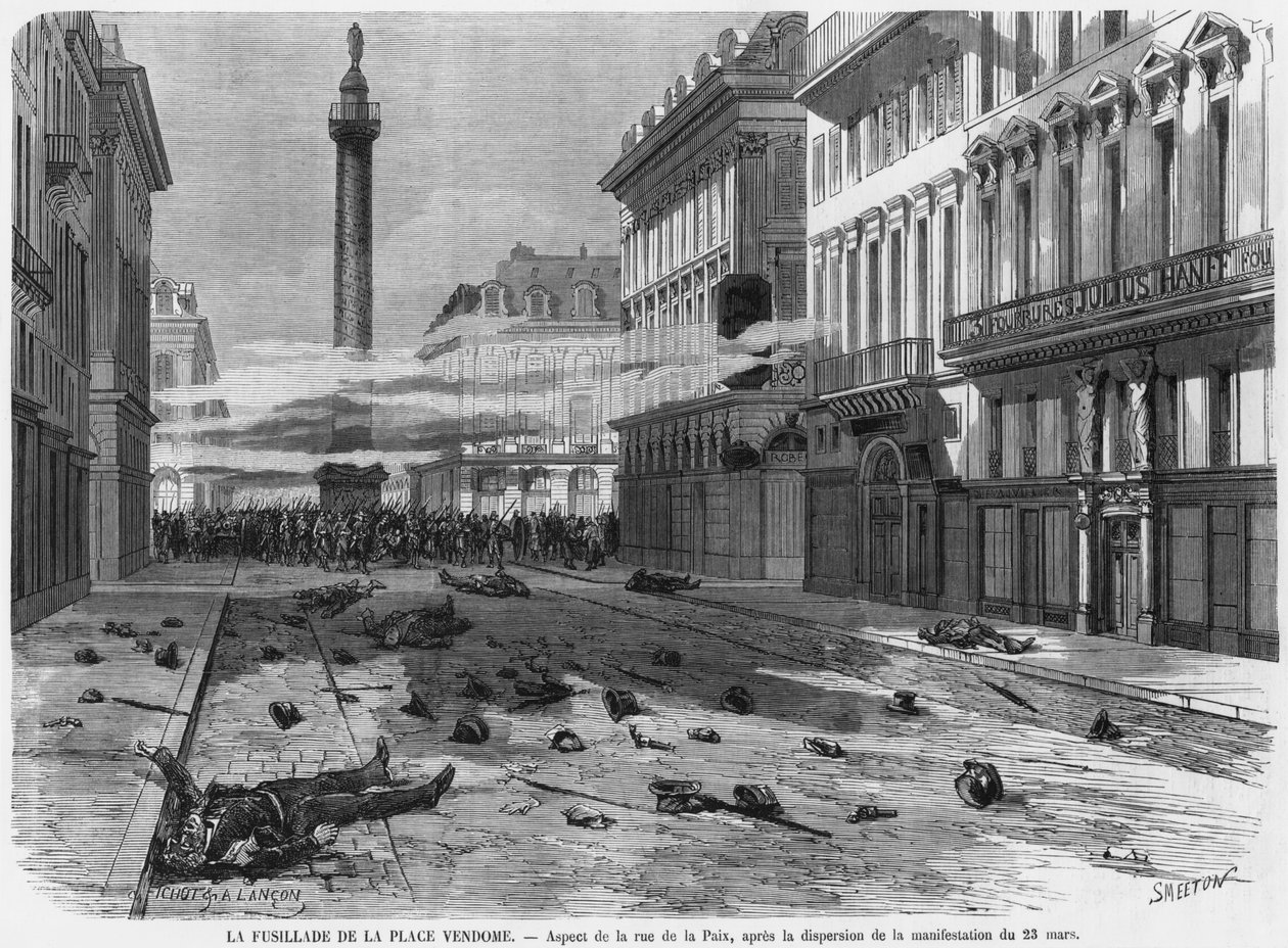 Ammunta Place Vendome -aukiolta mielenosoituksen hajotuksen jälkeen rue de la Paixissa, Pariisissa, kaiverrus Burn Smeeton (fl.1840-60) 23. maaliskuuta 1871 tekijältä Michel and Lancon, Auguste Fichot