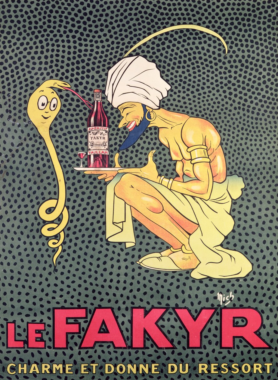 Fakyr: hurmuri ja hengen antaja, mainos Fakyr-aperitiiville (käsinvärinen kaiverrus) tekijältä Michel Liebeaux