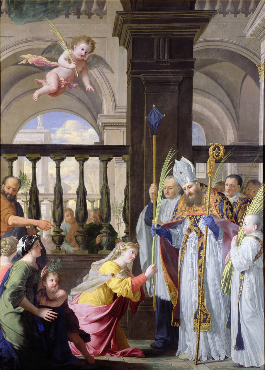 St. Genevieve vastaanottamassa palmun St. Medardista palmusunnuntaina tekijältä Michel des Gobelins Corneille